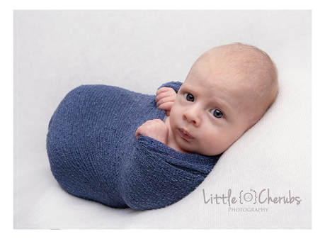 wide awake baby in blue cambridge newborn photography